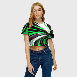 Футболка 3D укороченная женская Волнистые чёрно-зелёные линии на белом фоне, цвет: 3D-принт — фото 2
