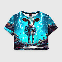 Футболка 3D укороченная женская Корова в разрядах молнии, цвет: 3D-принт