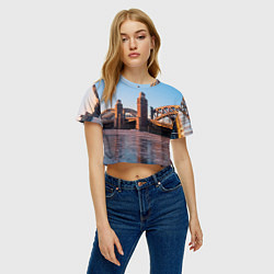 Футболка 3D укороченная женская Большеохтинский мост в Санкт-Петербурге, цвет: 3D-принт — фото 2