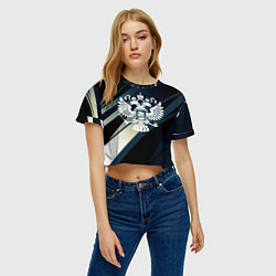 Футболка 3D укороченная женская Герб России Двуглавый орёл чёрно-синий, цвет: 3D-принт — фото 2