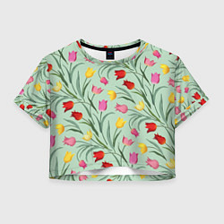 Футболка 3D укороченная женская Тюльпаны цветочный паттерн на светло-зелёном фоне, цвет: 3D-принт