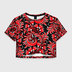Футболка 3D укороченная женская Хохлома - красная роспись, цвет: 3D-принт