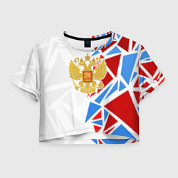 Футболка 3D укороченная женская Герб России - фрагментация цветов, цвет: 3D-принт