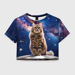 Футболка 3D укороченная женская Сибирская кошка в космосе, цвет: 3D-принт