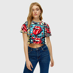 Футболка 3D укороченная женская Rolling Stones logo - pop art, цвет: 3D-принт — фото 2