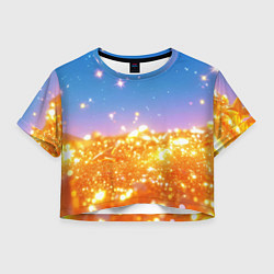 Футболка 3D укороченная женская Золотые шарики на голубом фоне, цвет: 3D-принт
