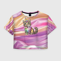 Футболка 3D укороченная женская Котенок в костюме единорога, цвет: 3D-принт