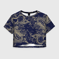 Футболка 3D укороченная женская Золотые драконы на синем, цвет: 3D-принт