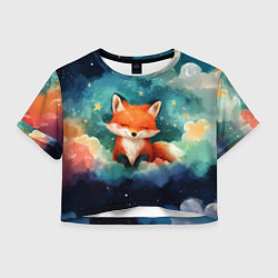 Футболка 3D укороченная женская Лисенок на облаках, цвет: 3D-принт