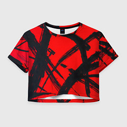Футболка 3D укороченная женская Черная абстракция на красном, цвет: 3D-принт