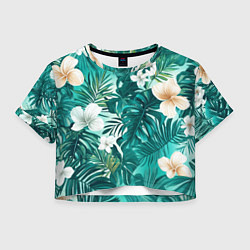 Футболка 3D укороченная женская Цветы и пальмовые листья - тропический паттерн, цвет: 3D-принт