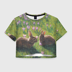 Футболка 3D укороченная женская Кролики в цветах, цвет: 3D-принт
