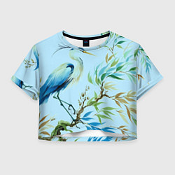 Футболка 3D укороченная женская Акварельная цапля у пруда, цвет: 3D-принт