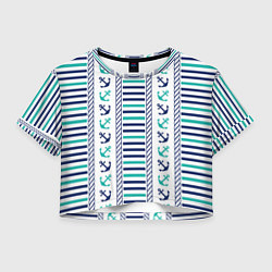Футболка 3D укороченная женская Морской орнамент с якорями и полосками, цвет: 3D-принт