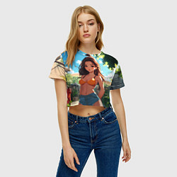 Футболка 3D укороченная женская Милая девушка во дворе, цвет: 3D-принт — фото 2