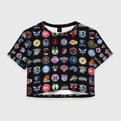 Футболка 3D укороченная женская Команды НБА на черном фоне, цвет: 3D-принт