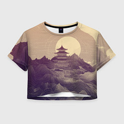 Футболка 3D укороченная женская Ретро иллюстрация Японского храма, цвет: 3D-принт
