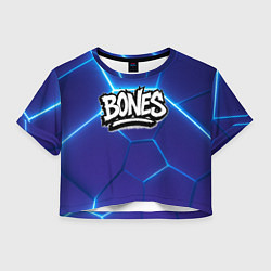 Футболка 3D укороченная женская Bones белое лого на синих плитах, цвет: 3D-принт