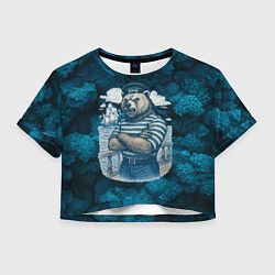 Футболка 3D укороченная женская Медведь ВМФ в тельняшке, цвет: 3D-принт