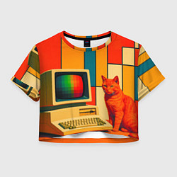 Футболка 3D укороченная женская Кот и винтажный компьютер ретрофутуризм поп-арт 19, цвет: 3D-принт