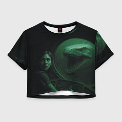 Футболка 3D укороченная женская На батискаф с девушкой нападает Тилозавр ужасы, цвет: 3D-принт