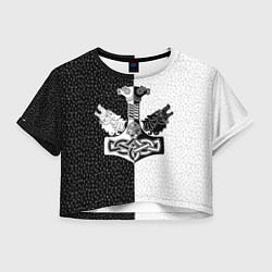 Футболка 3D укороченная женская Волки воины и знак молот тора в рунах, цвет: 3D-принт