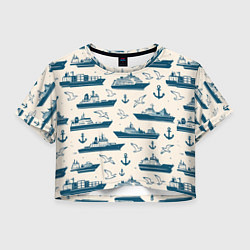 Футболка 3D укороченная женская Морской паттерн из чаек, якорей и кораблей, цвет: 3D-принт