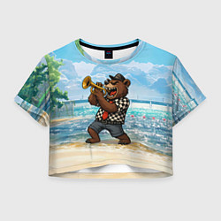 Футболка 3D укороченная женская Медведь играет ска на пляже, цвет: 3D-принт