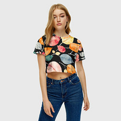Футболка 3D укороченная женская Разноцветные акварельные листья на чёрном, AI, цвет: 3D-принт — фото 2