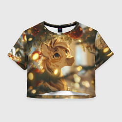 Футболка 3D укороченная женская Лошадка любуется елочным шаром, цвет: 3D-принт