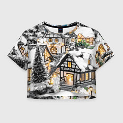 Футболка 3D укороченная женская Объемные новогодние дома, цвет: 3D-принт