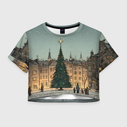 Футболка 3D укороченная женская Новогодняя елка во дворе, цвет: 3D-принт