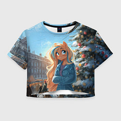 Футболка 3D укороченная женская Лошадка на новогодней площади, цвет: 3D-принт