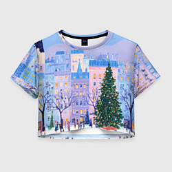 Футболка 3D укороченная женская Новогодний двор, цвет: 3D-принт