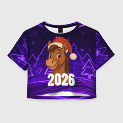 Футболка 3D укороченная женская 2026 новогодняя лошадка на фоне фиолетовых елок, цвет: 3D-принт