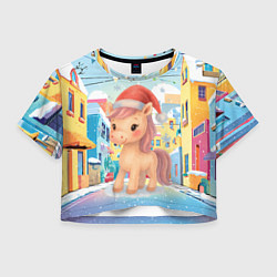 Футболка 3D укороченная женская Лошадка с новогоднем венком, цвет: 3D-принт