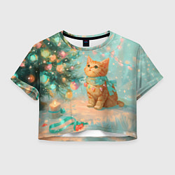 Футболка 3D укороченная женская Милый рыжий котенок любуется елкой, цвет: 3D-принт