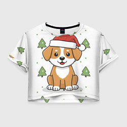 Футболка 3D укороченная женская Новогодняя собачка в шапочке, цвет: 3D-принт