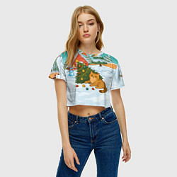 Футболка 3D укороченная женская Толстый кот уронил елку, цвет: 3D-принт — фото 2