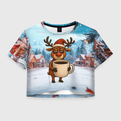 Футболка 3D укороченная женская Уставший новогодний олень с кофе, цвет: 3D-принт