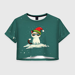 Футболка 3D укороченная женская Милый мем Новогодний котенок, цвет: 3D-принт