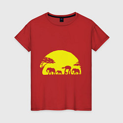 Футболка хлопковая женская Слоники на закате, цвет: красный