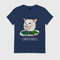 Футболка хлопковая женская Woman yelling at a cat meme, цвет: тёмно-синий