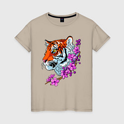 Футболка хлопковая женская Тигр, цвет: миндальный