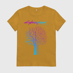 Футболка хлопковая женская ДЕРЕВО CYBERPUNK 2077, цвет: горчичный