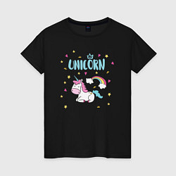 Футболка хлопковая женская Единорог Unicorn, цвет: черный