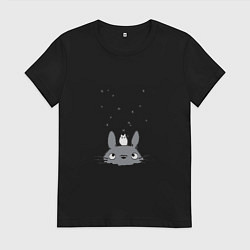 Футболка хлопковая женская Любопытный Тоторо и Сажа, цвет: черный