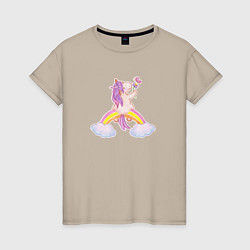 Футболка хлопковая женская Pony unicorn on a rainbow, цвет: миндальный