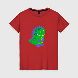 Футболка хлопковая женская Зеленый дракончик-динозаврик, цвет: красный
