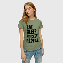 Футболка хлопковая женская EAT SLEEP HOCKEY REPEAT, цвет: авокадо — фото 2